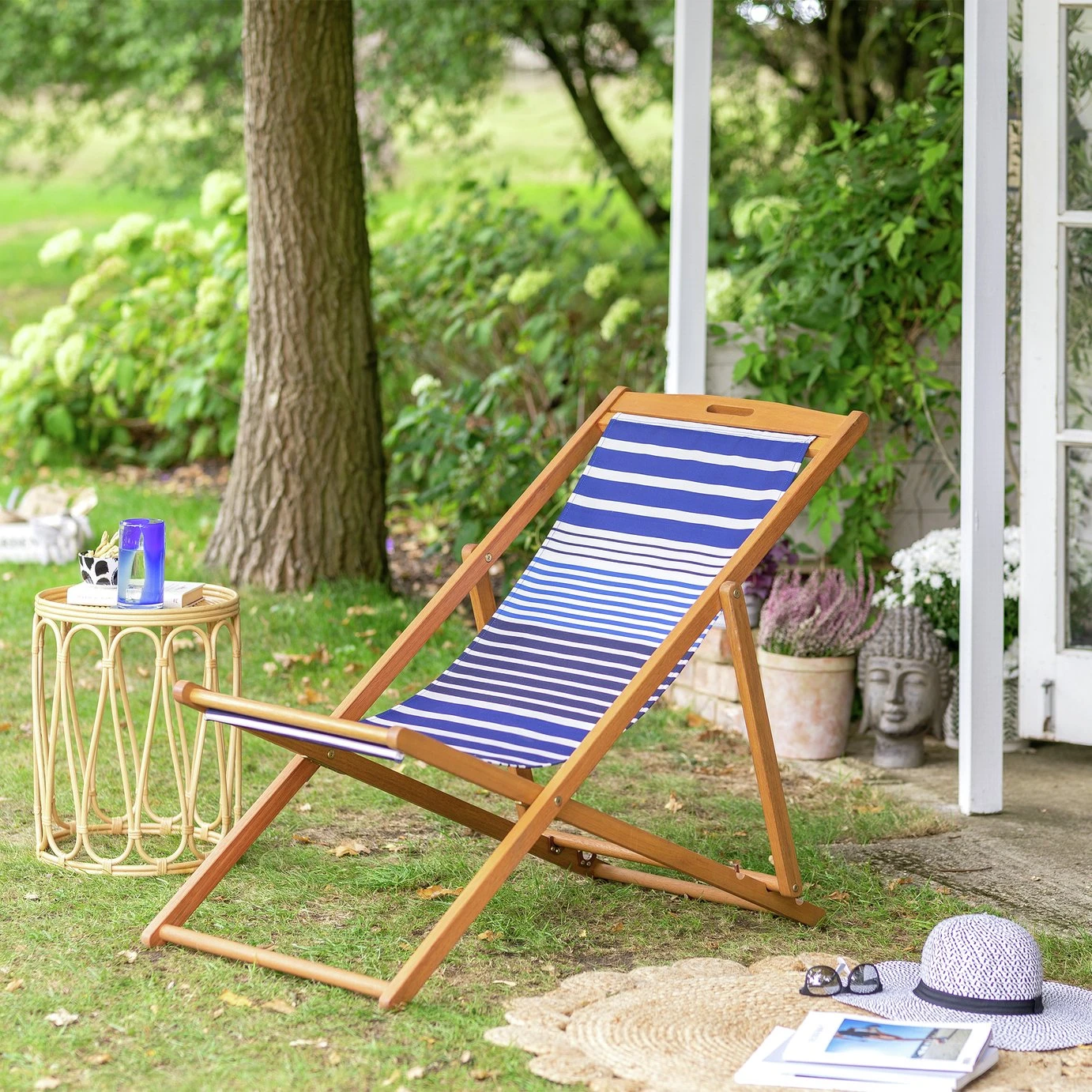 Habitat Folding Wooden Garden Deck Chair - Blue 2 Habitat Folding Wooden Garden Deck Chair - Blue - Image 2