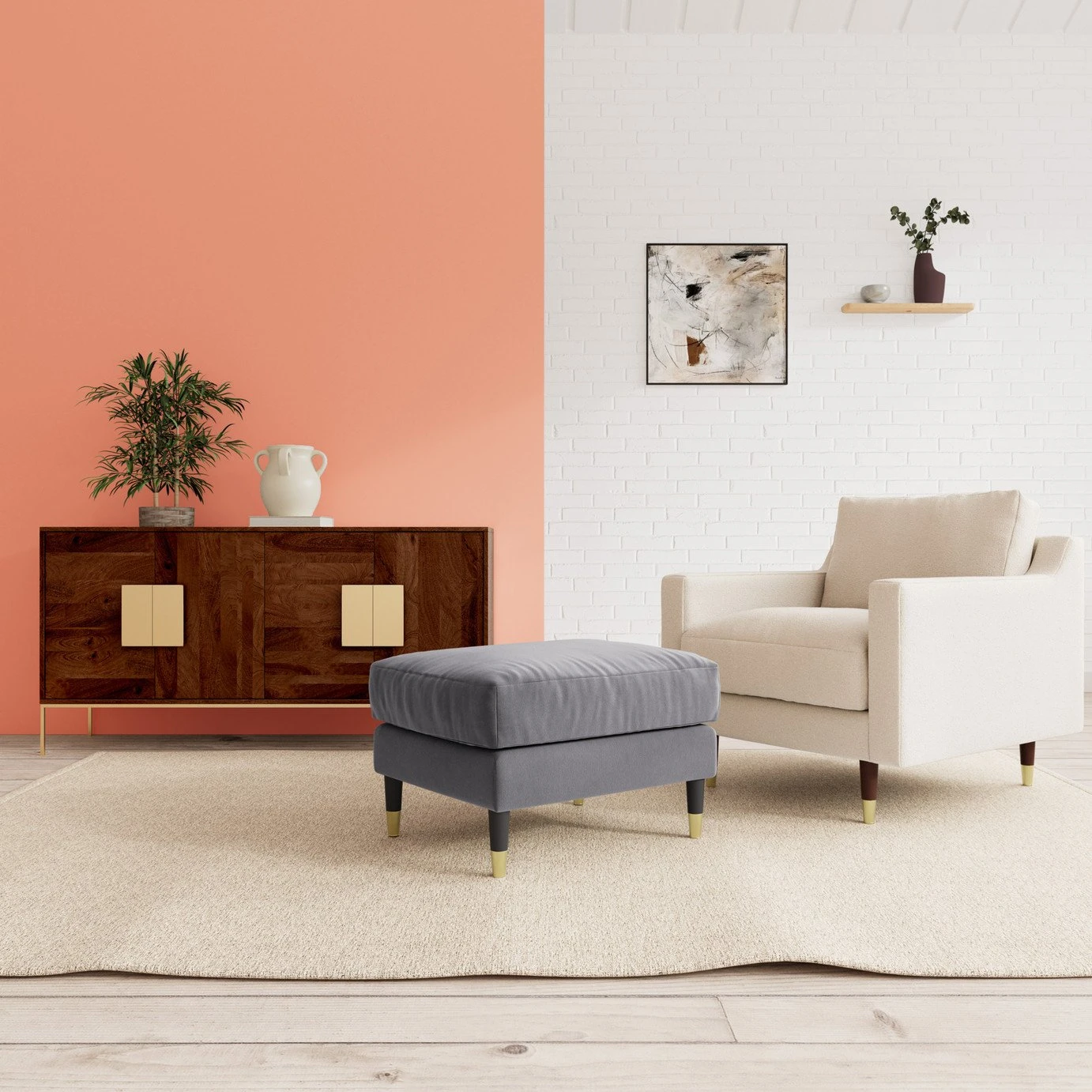 Swoon Rieti Velvet Ottoman Footstool - Granite Grey 2 Swoon Rieti Velvet Ottoman Footstool - Granite Grey - Image 2