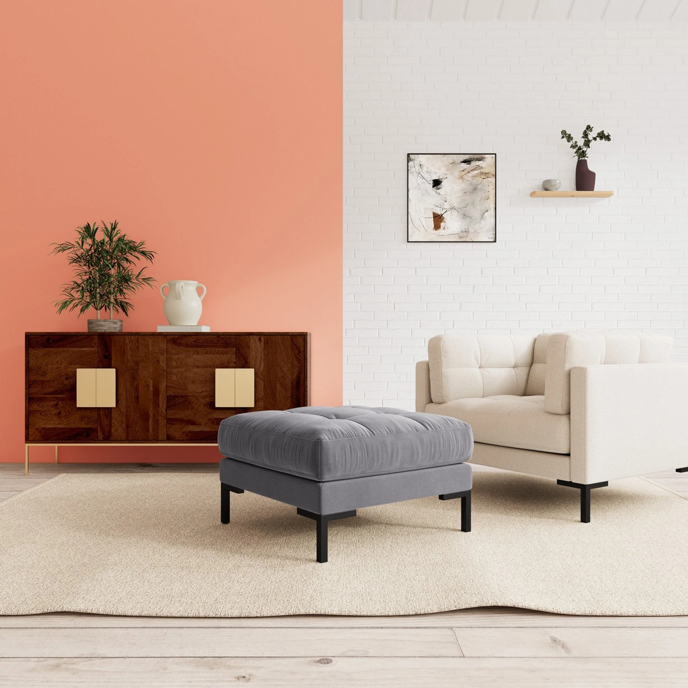 Swoon Landau Velvet Ottoman Footstool - Granite Grey 2 Swoon Landau Velvet Ottoman Footstool - Granite Grey - Image 2