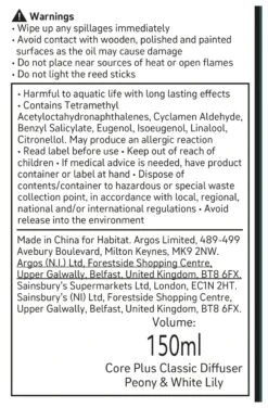 Habitat 150ml Scented Diffuser - Peony & White Lily -Cooking and dining Shop 4845096 R Z011A