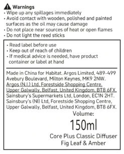 Habitat 150ml Scented Diffuser - Fig Leaf & Amber -Cooking and dining Shop 6823944 R Z011A